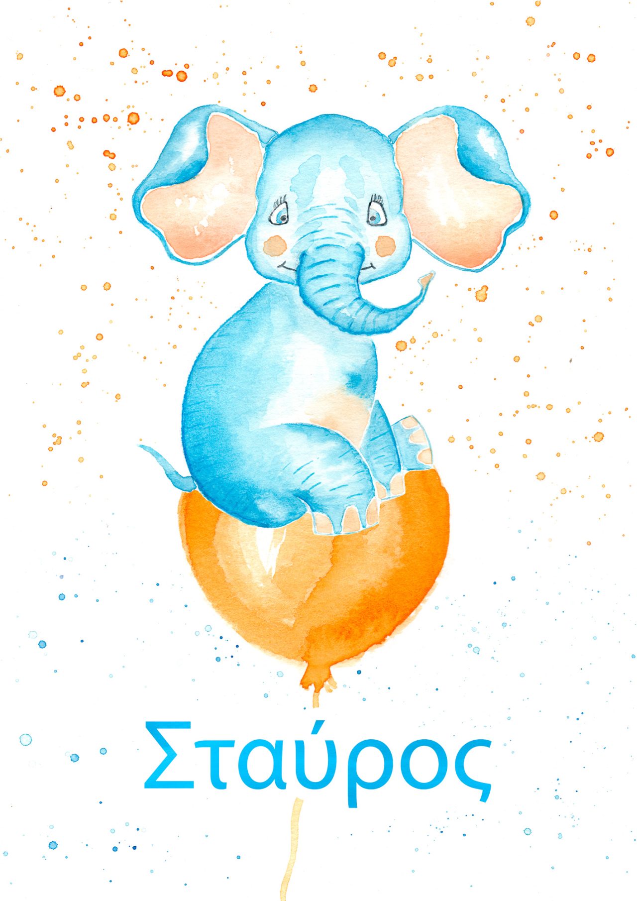 Blue elephant on orange balloon Watercolor Illustration