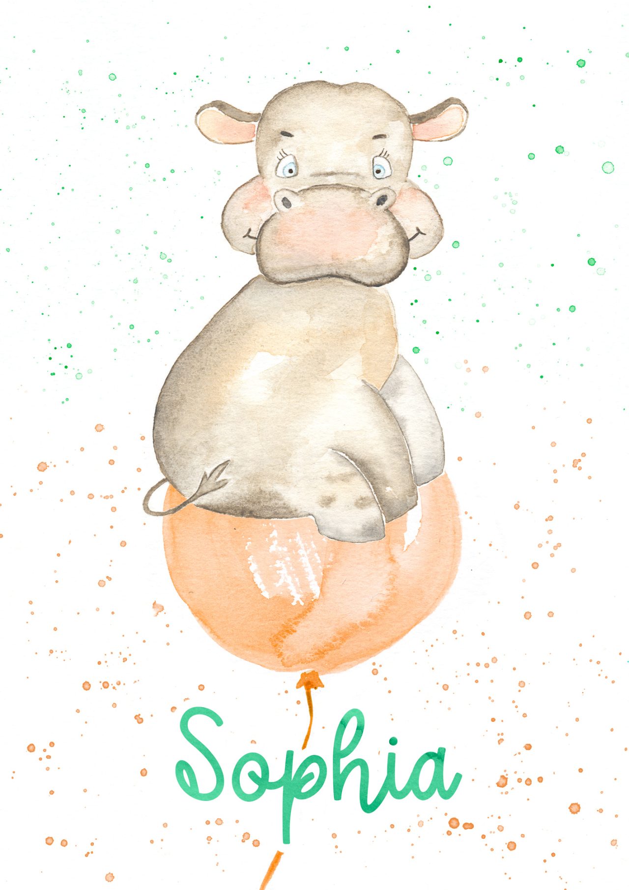Beige hippo on orange balloon Watercolor Illustration