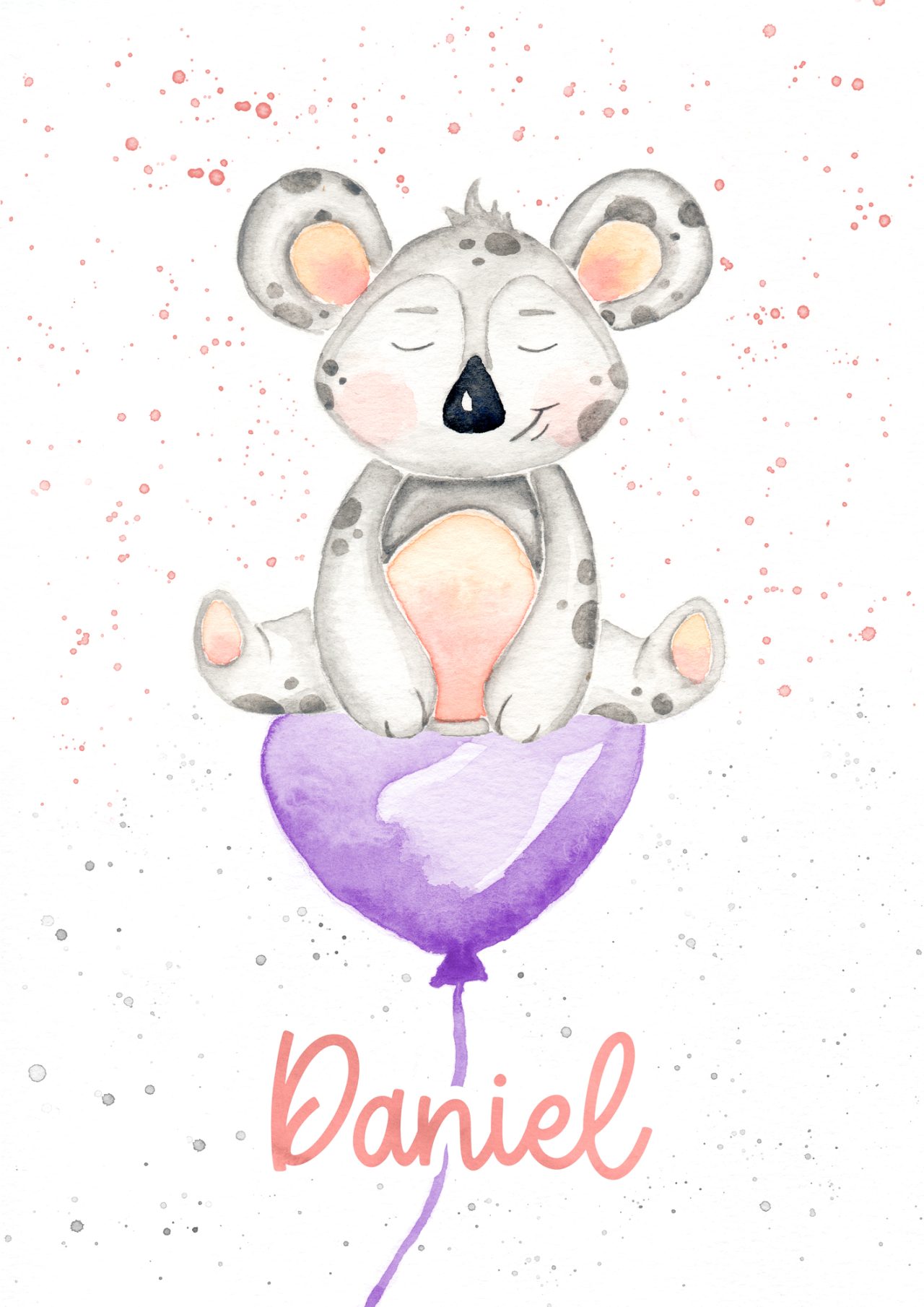 Grey koala on purple balloon Watercolor Illustration