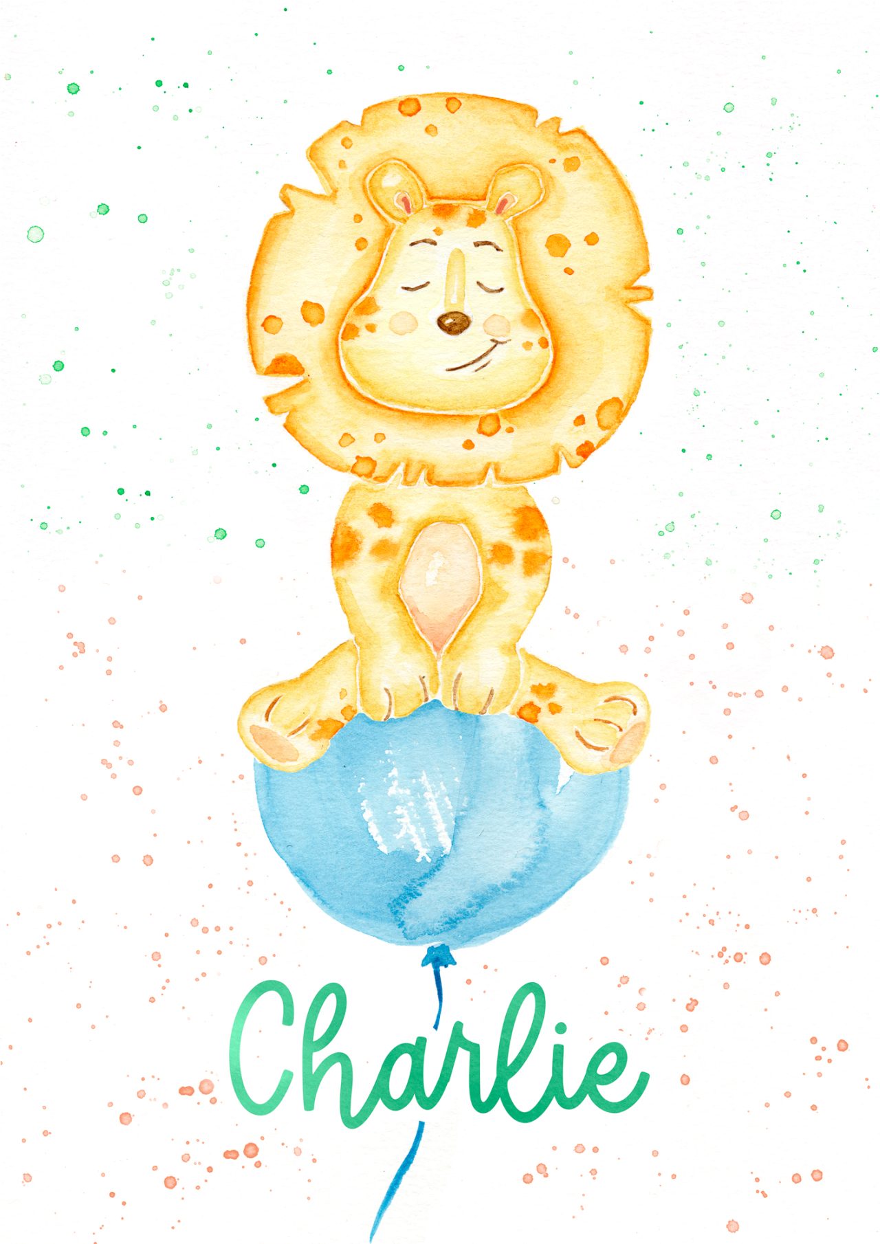 Yellow lion on blue balloon Watercolor Illustration