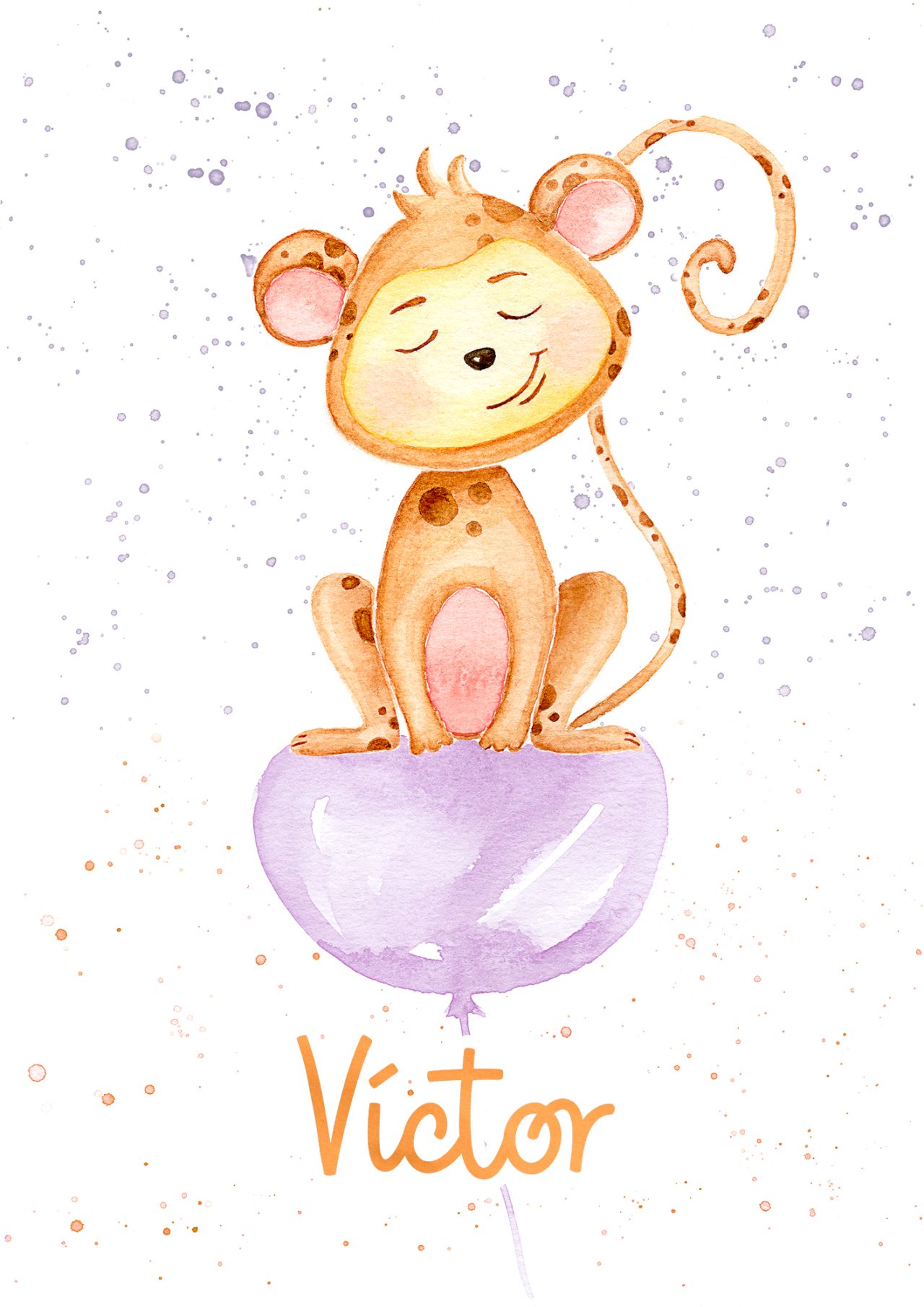 Beige monkey on purple balloon Watercolor Illustration
