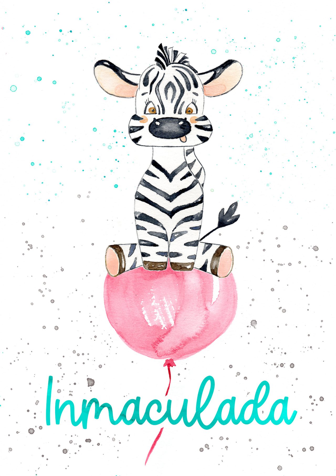 Black & White Zebra on pink balloon Watercolor Illustration
