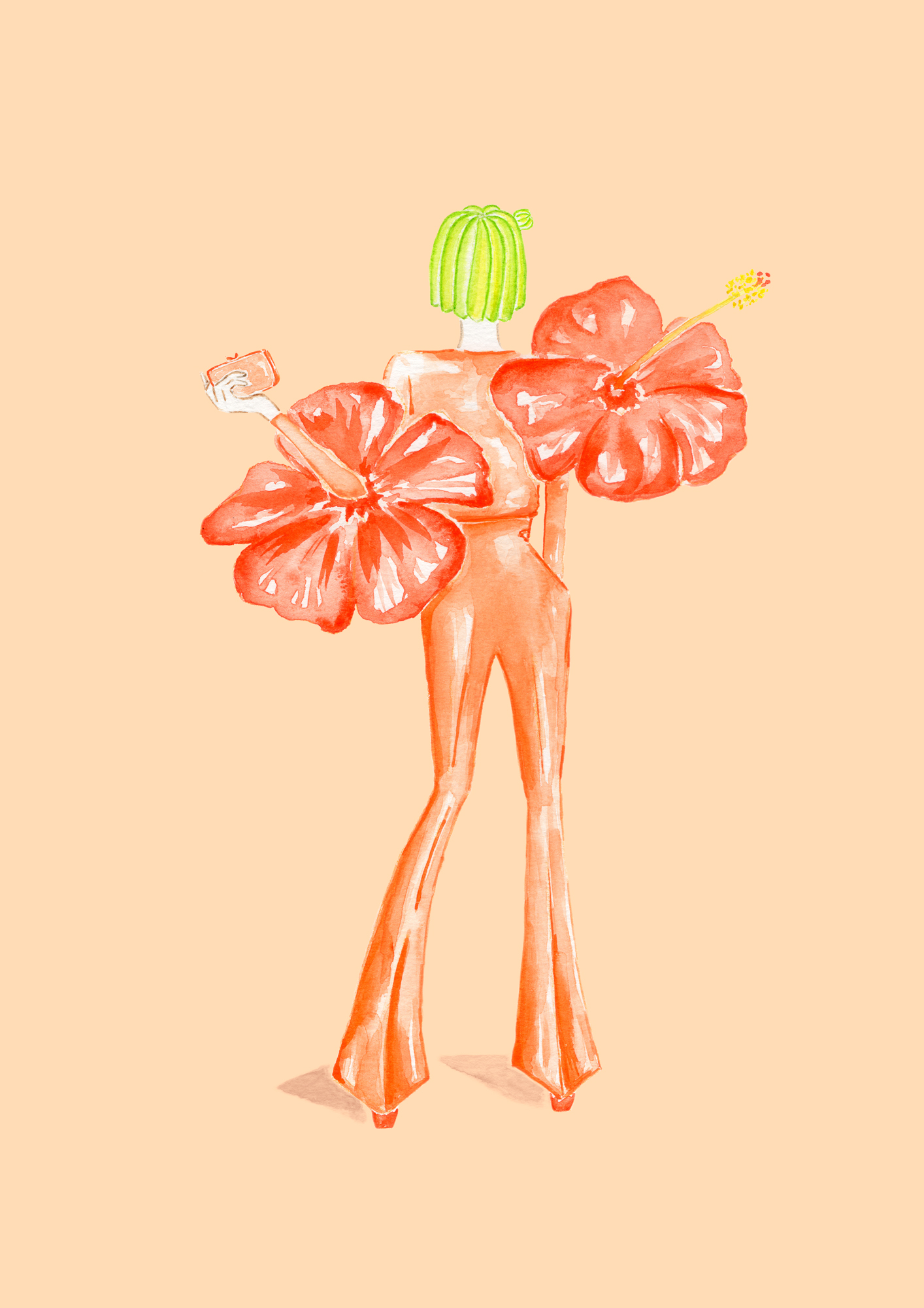 Park Cactus Woman Watercolor Illustration