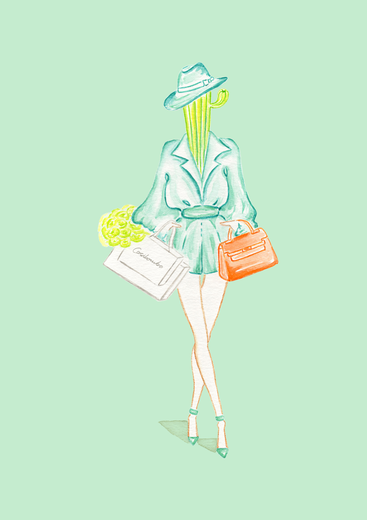 Shopping Cactus Woman Watercolor Illustration